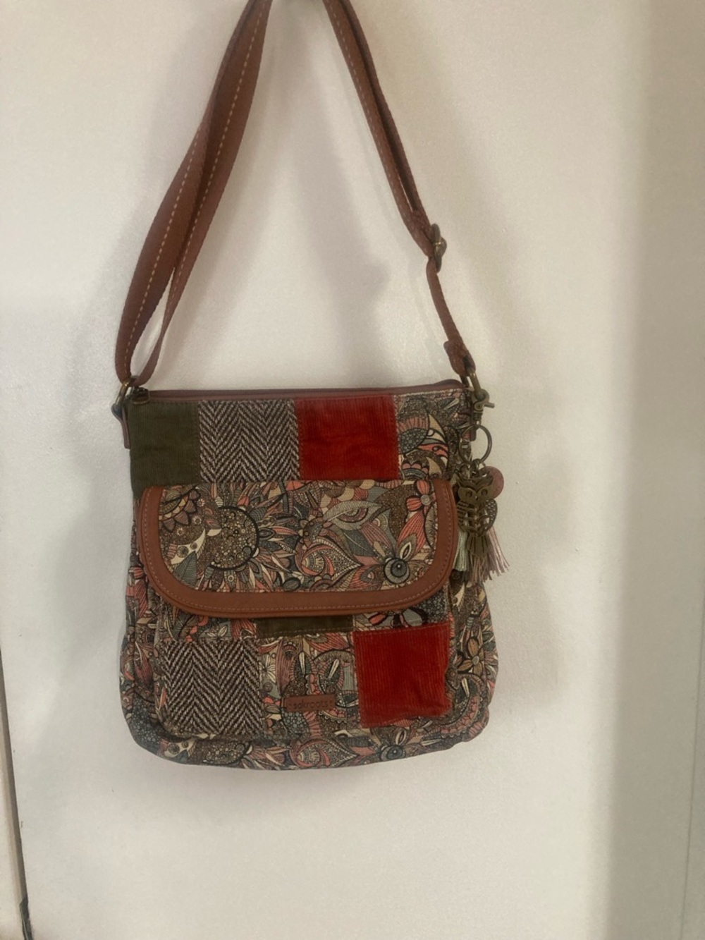 Sakroots Boho Patchwork Crossbody in Coral, Olive, Tan